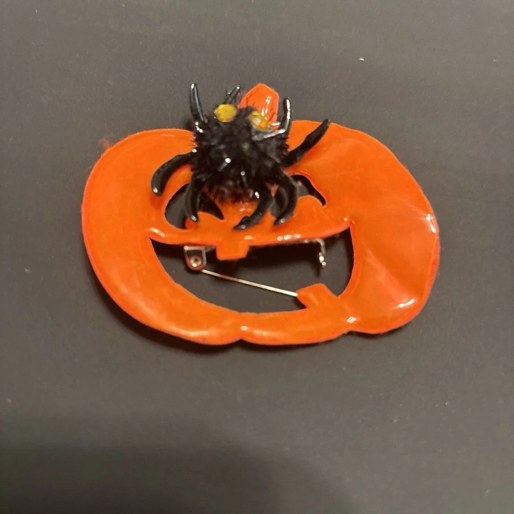 1990s Halloween Orange Enamel Pumpkin Brooch Fuzzy Black Spider Pin